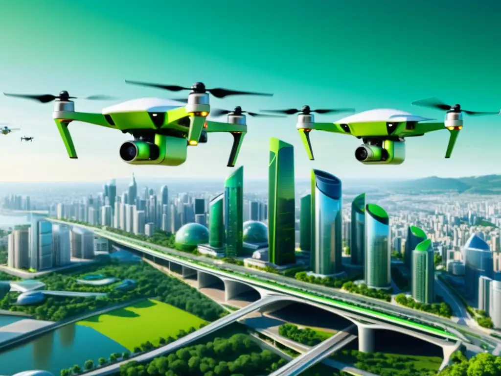 Vista aérea de drones ecológicos sobre la ciudad, destacando la importancia de los drones de entrega ecológicos en la logística urbana moderna