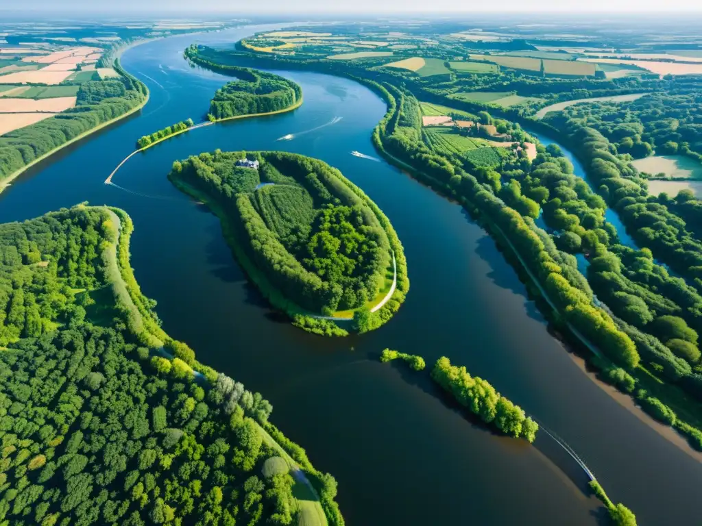 Vista aérea de los encantadores destinos navegación fluvial en Europa, con ríos serpenteantes, luz solar y exuberante vegetación en las orillas