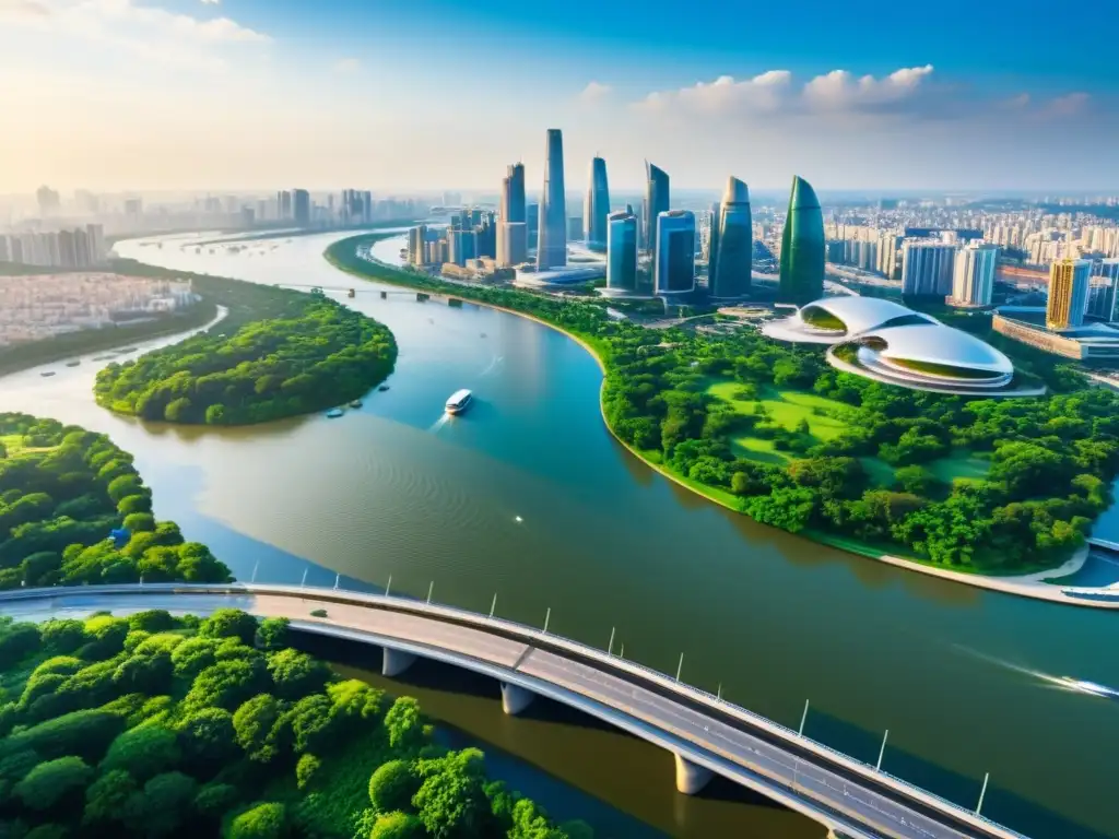 Vista aérea espectacular de ciudad moderna con puentes futuristas sobre río serpenteante y hábitats fluviales, reflejando transformación urbana