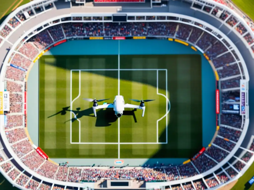 Vista aérea de un estadio lleno durante un evento deportivo, resaltando las aplicaciones de drones en eventos deportivos