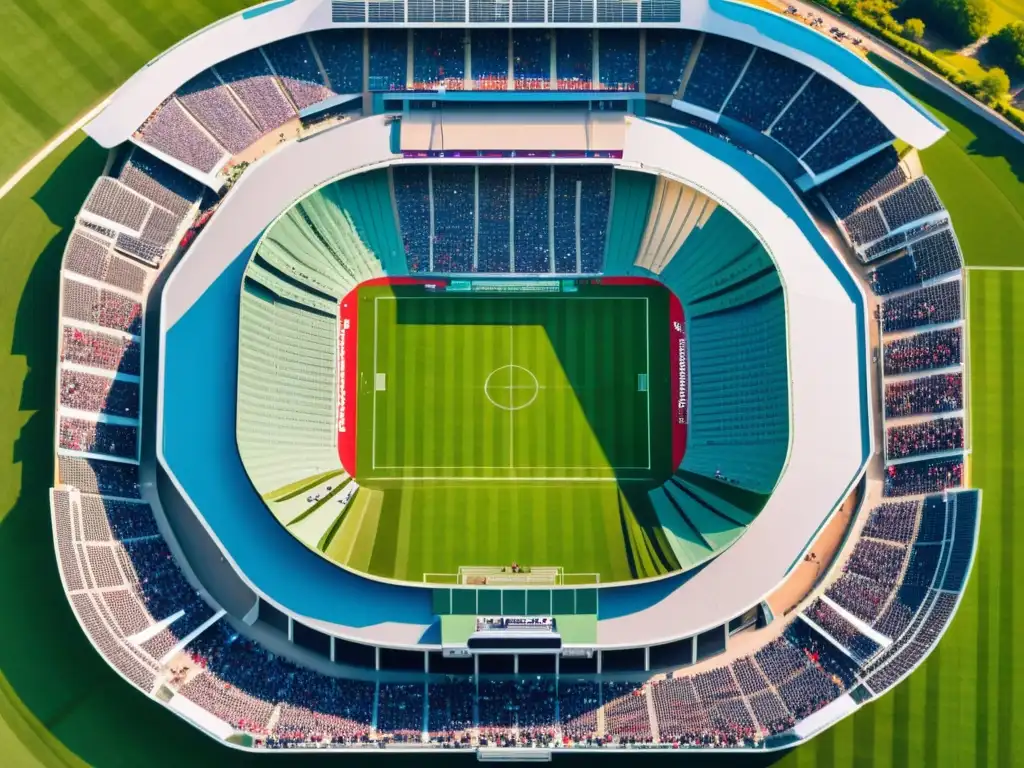 Vista aérea de un estadio lleno de aficionados animados, con un dron capturando la energía del evento