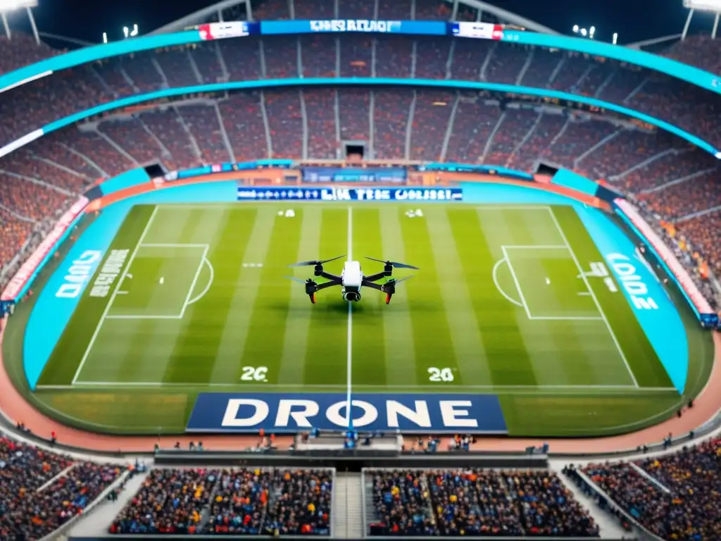 Vista aérea de un estadio lleno durante un evento deportivo, capturada por un dron