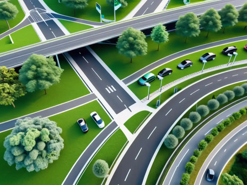 Vista aérea de distribución estratégica de estaciones de carga eléctrica en autopista, integradas con la naturaleza y vehículos eléctricos