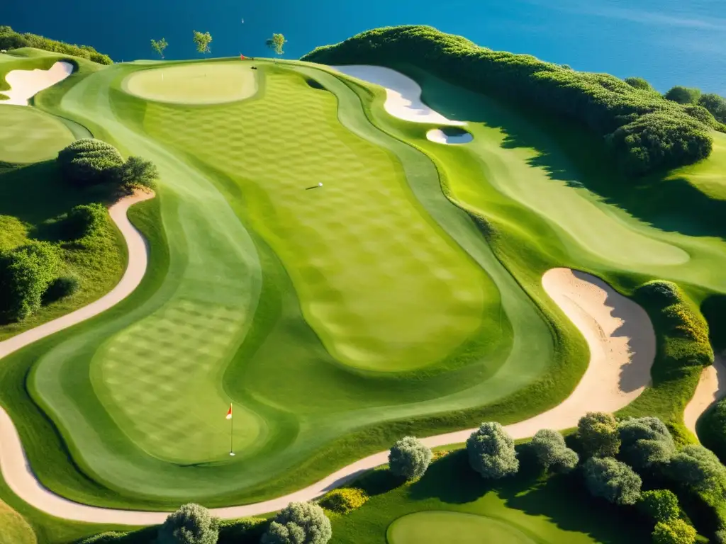 Vista aérea de un exclusivo campo de golf, con greens impecablemente cuidados y golfistas elegantes