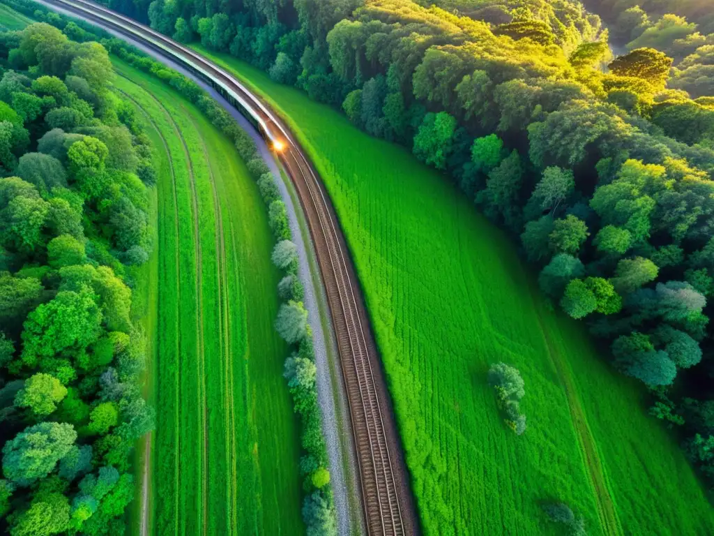 Vista aérea de exuberante paisaje con vías de tren, bañado por el sol