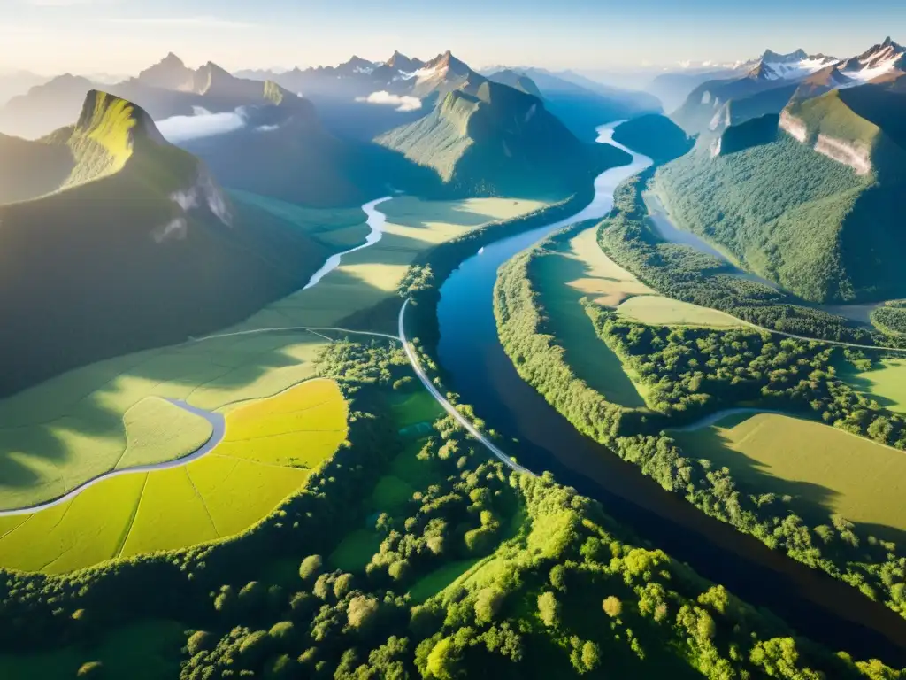 Vista aérea de un exuberante parque nacional con senderos y medios de transporte sostenibles, integrados en armonía con la naturaleza