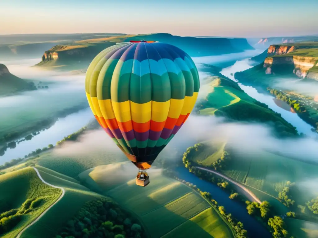 Vista aérea de un globo aerostático colorido flotando sobre paisaje exótico al amanecer