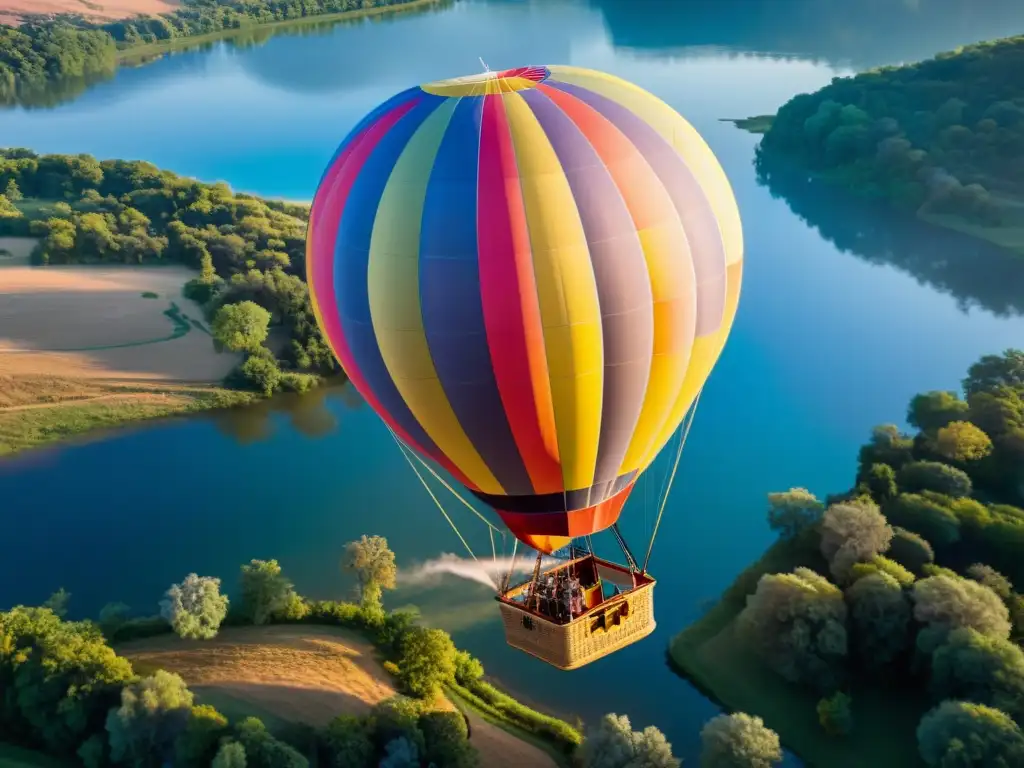 Vista aérea de un globo aerostático colorido flotando sobre paisaje al amanecer, evocando tranquilidad y aventura