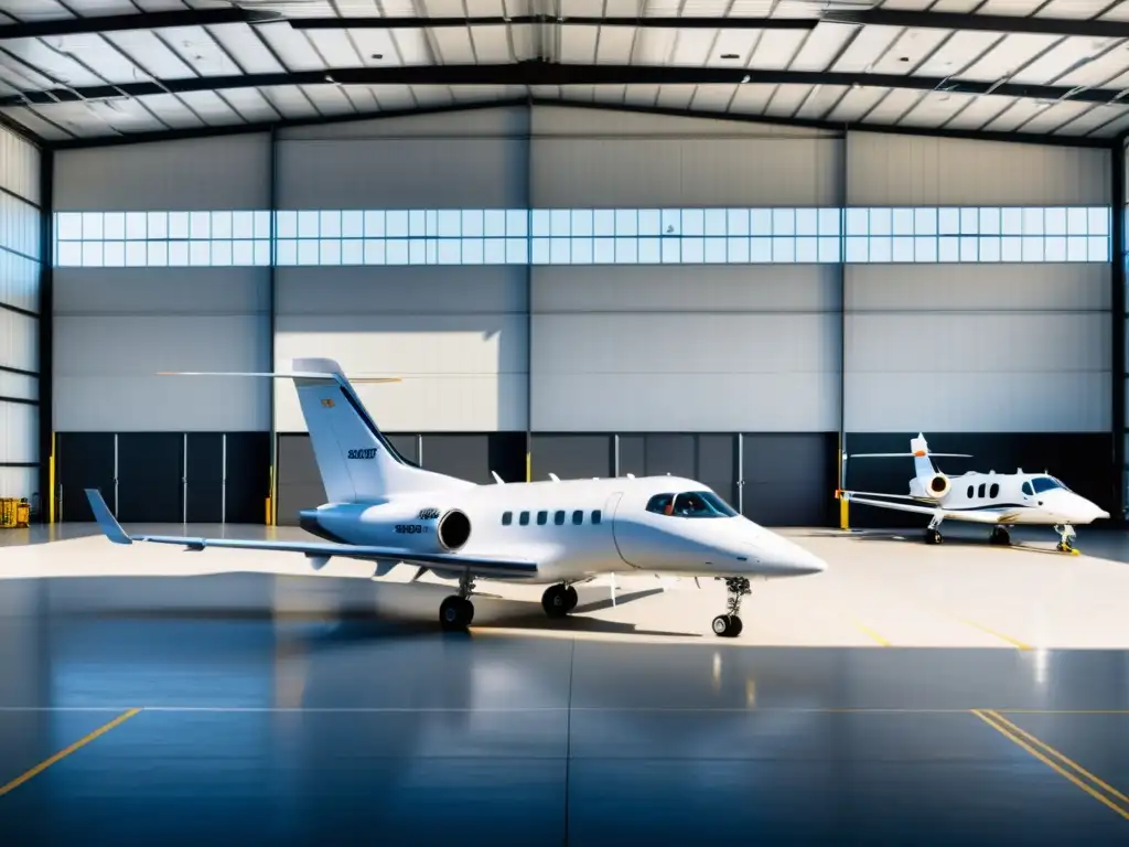 Vista aérea de hangar de aviones moderno con personal trabajando y equipamiento organizado