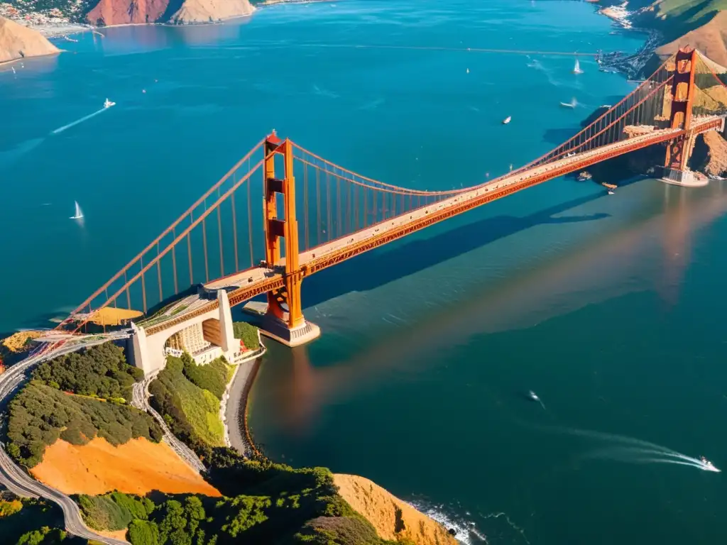 Vista aérea del icónico Puente Golden Gate resaltando su impresionante ingeniería y su belleza en la bahía de San Francisco