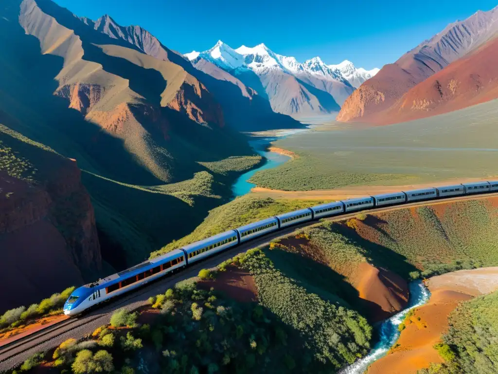 Vista aérea del icónico Tren de las Nubes serpenteando entre paisajes dramáticos y montañas imponentes en el norte de Argentina