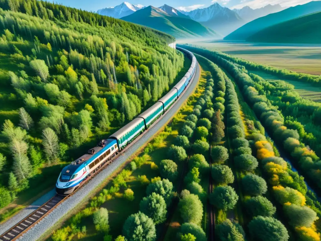 Vista aérea del icónico Tren Transiberiano serpenteando a través de paisajes rusos, reflejando la grandeza de los trenes icónicos en la historia