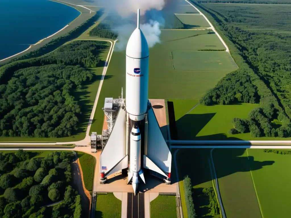 Vista aérea impactante de plataforma de lanzamiento con cohete listo para despegar, contrastando tecnología espacial con entorno terrestre exuberante