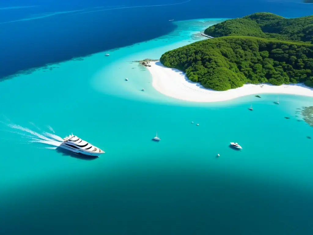 Vista aérea impactante de yates de lujo en un mar turquesa rodeado de islas verdes y playas blancas, capturando el impacto ambiental y la opulencia