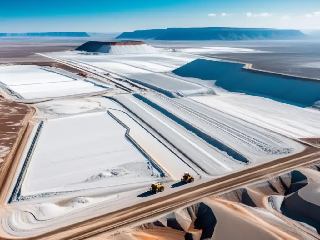 Vista aérea de impacto del litio en transporte: mina extensa, maquinaria pesada y trabajadores en contraste con el paisaje natural