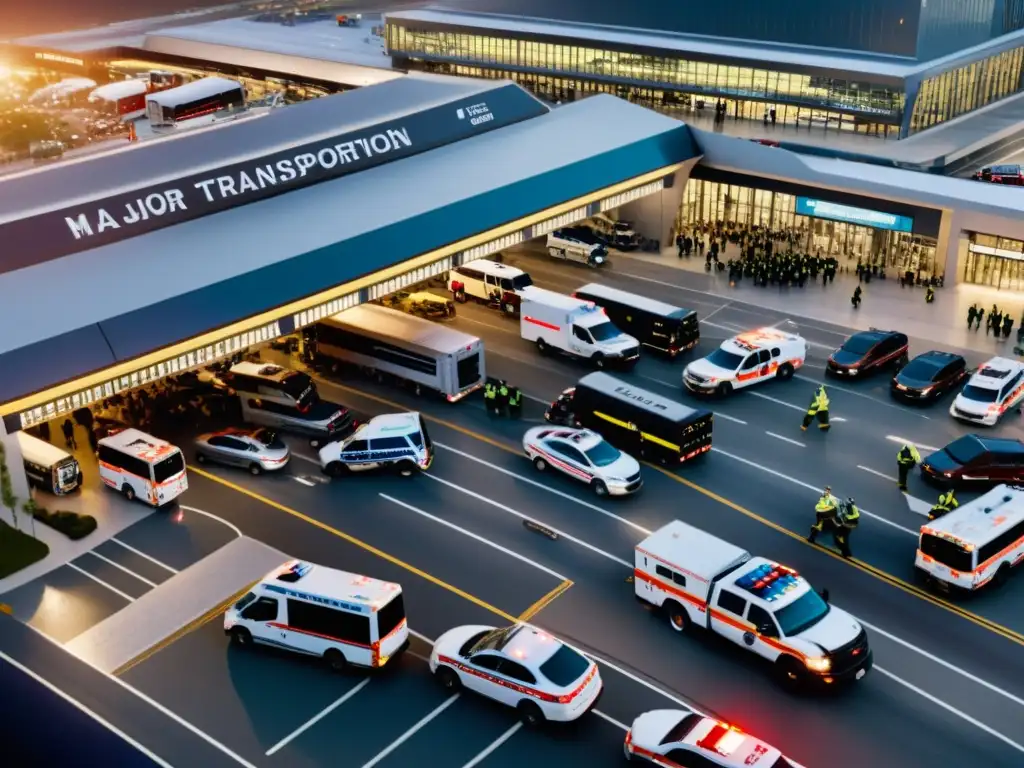 Vista aérea de un importante centro de transporte durante una crisis, con vehículos de emergencia y personal respondiendo a la situación