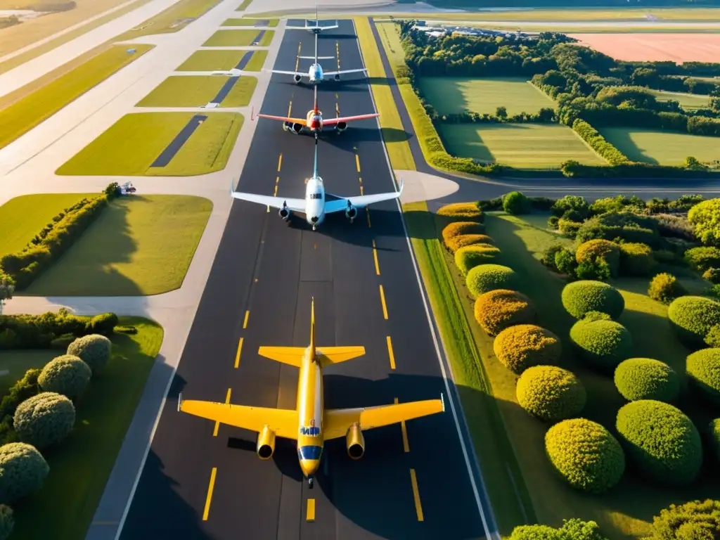 Una vista aérea impresionante de un aeropuerto histórico con aviones vintage en la pista