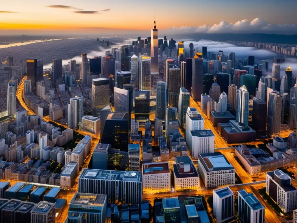 Vista aérea impresionante de la bulliciosa ciudad con rascacielos que alcanzan las nubes, reflejando la luz dorada del atardecer