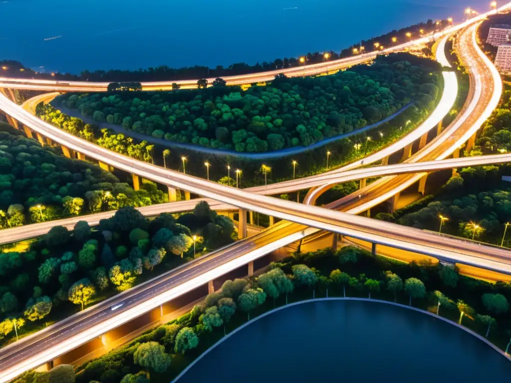 Una vista aérea impresionante de una bulliciosa metrópolis con una compleja red de carreteras, puentes y sistemas de transporte público