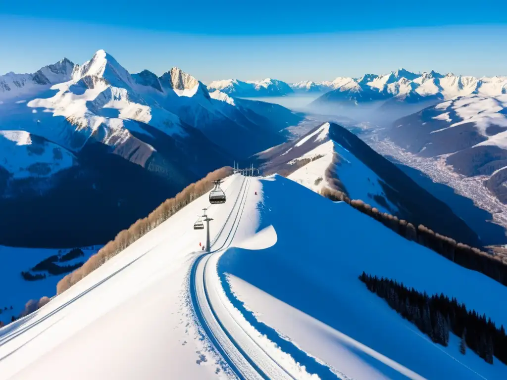 Vista aérea impresionante de una cadena montañosa cubierta de nieve con un complejo sistema de teleféricos y funiculares transportando esquiadores