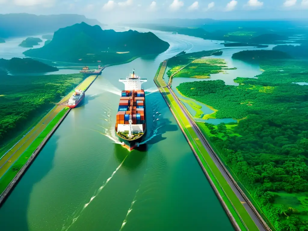 Vista aérea impresionante del Canal de Panamá, con barco pasando