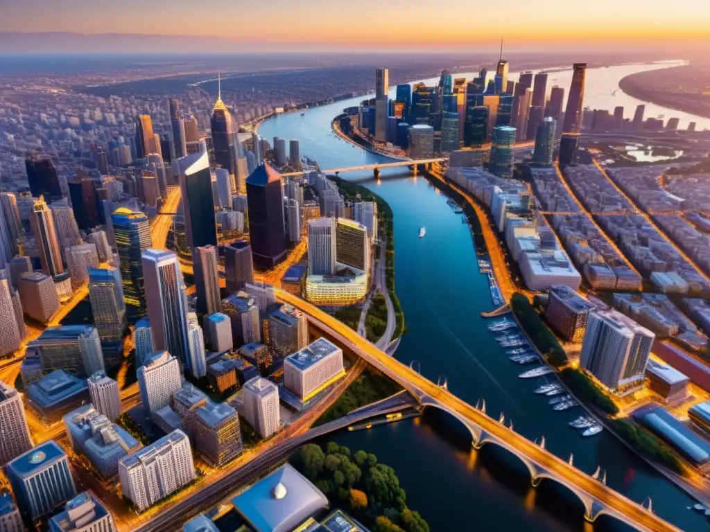 Vista aérea impresionante de una ciudad lujosa al atardecer, perfecta para tours en helicóptero ciudades lujosas