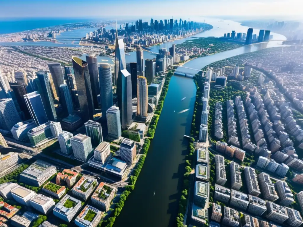 Vista aérea impresionante de una ciudad lujosa, con rascacielos relucientes y ríos serpenteantes