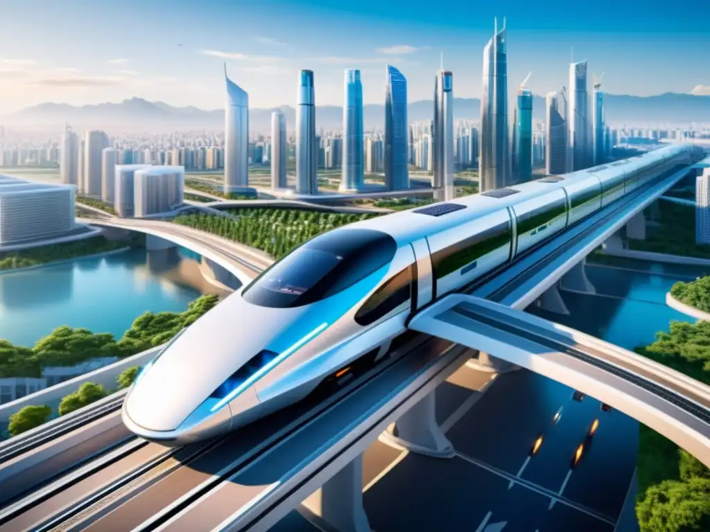 Vista aérea impresionante de una ciudad futurista con innovaciones en medios de transporte y una red de infraestructura avanzada