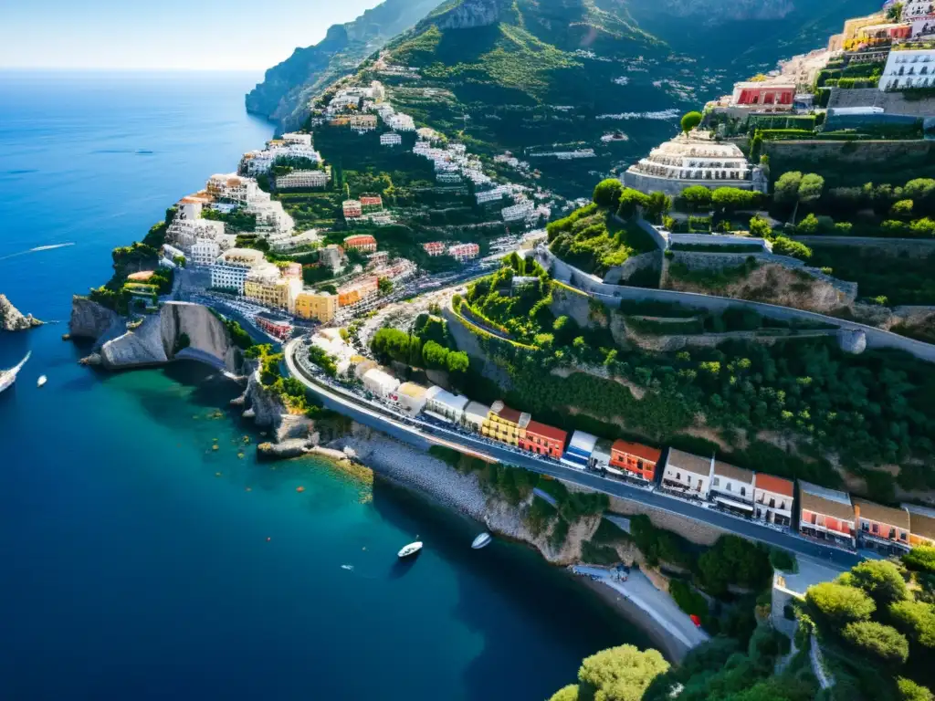 Vista aérea impresionante de la Costa Amalfitana en Italia, con sus icónicas rutas panorámicas en autobuses turísticos, acantilados y el mar azul profundo