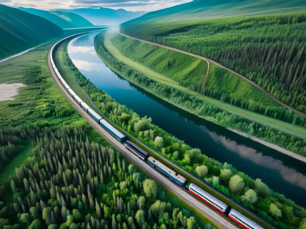 Vista aérea impresionante del ferrocarril Transiberiano serpenteando a través de los paisajes vastos y agrestes de Rusia, mostrando la historia y evolución de los medios de transporte ferroviario