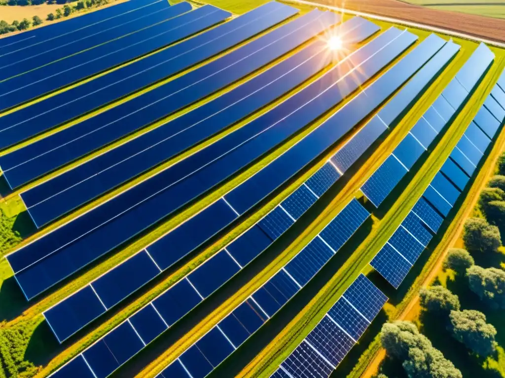 Vista aérea impresionante de una granja solar con paneles relucientes