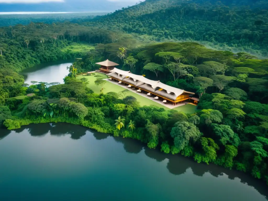 Vista aérea impresionante de un lodge de lujo en la naturaleza, rodeado de exuberante selva y un río reluciente