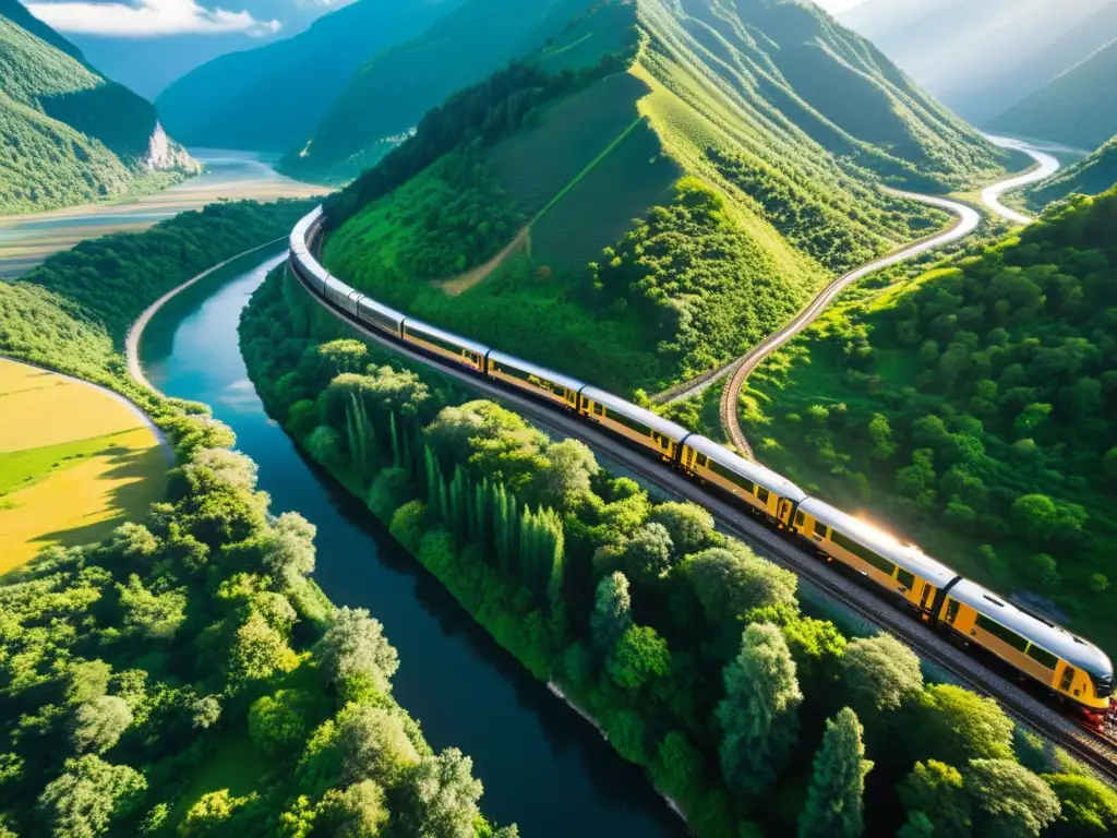 Vista aérea impresionante de un tren recorriendo rutas en tren para amantes de la naturaleza entre montañas verdes y un río cristalino