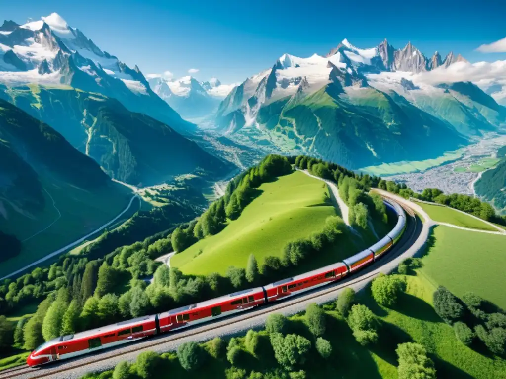 Vista aérea impresionante del tren Mont Blanc Express serpenteando entre los paisajes alpinos de Francia y Suiza, con montañas nevadas y valles verdes