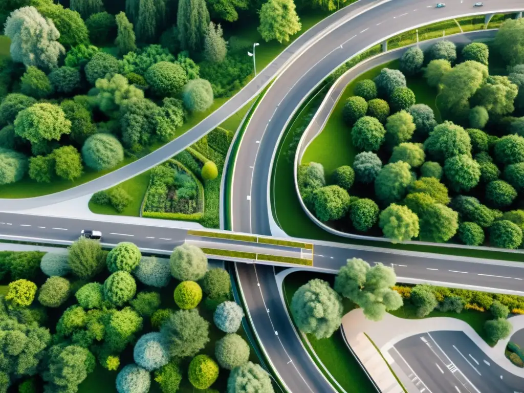 Vista aérea de infraestructuras de transporte sostenible rodeadas de naturaleza y desarrollo urbano sostenible