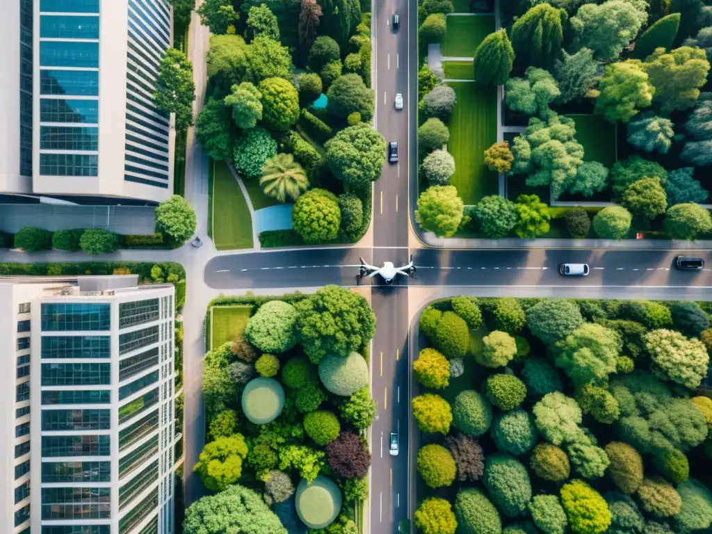 Vista aérea de la integración de drones en planificación urbana, con modernos rascacielos y exuberante naturaleza