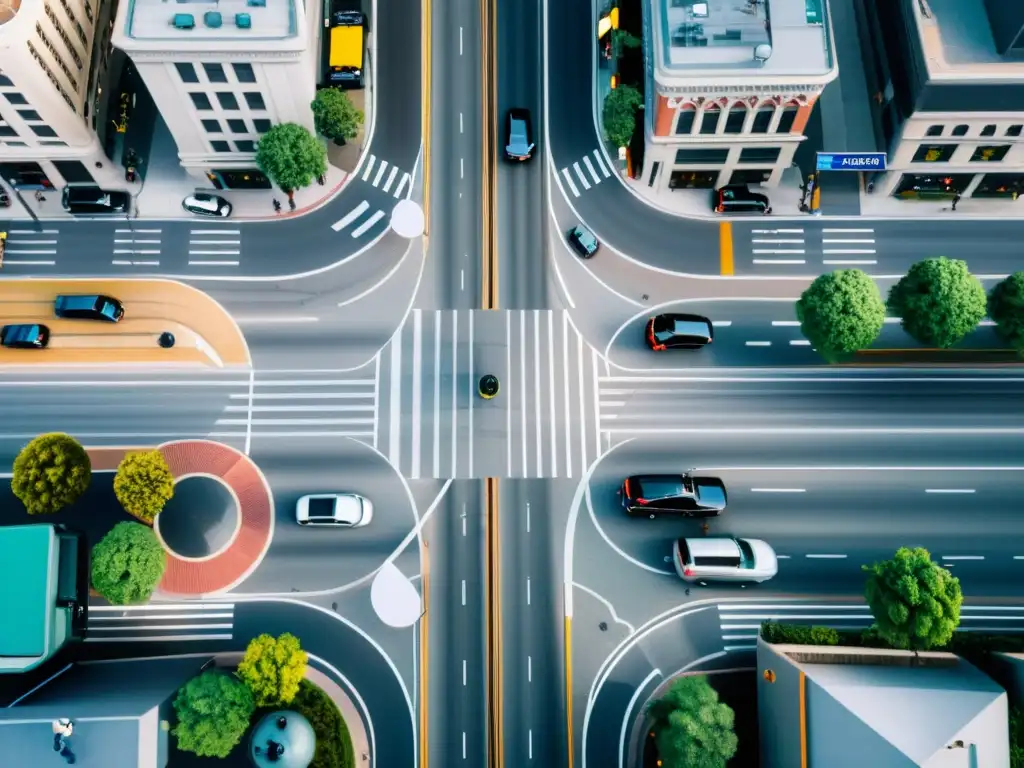 Vista aérea de una intersección con tecnología de señalización inteligente gestionando el tráfico de una bulliciosa ciudad