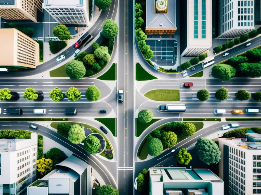 Vista aérea de una intersección urbana con tráfico variado y edificios altos, reflejando la complejidad del transporte en la ciudad