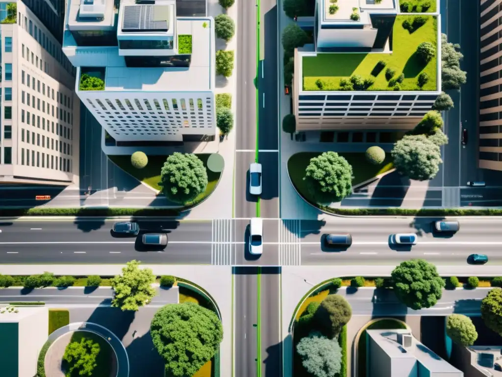 Futuro urbano: intersección con vehículos autónomos Vista aérea de una intersección urbana con vehículos autónomos, diseño urbano y arquitectura futurista en una ciudad vibrante y eficiente