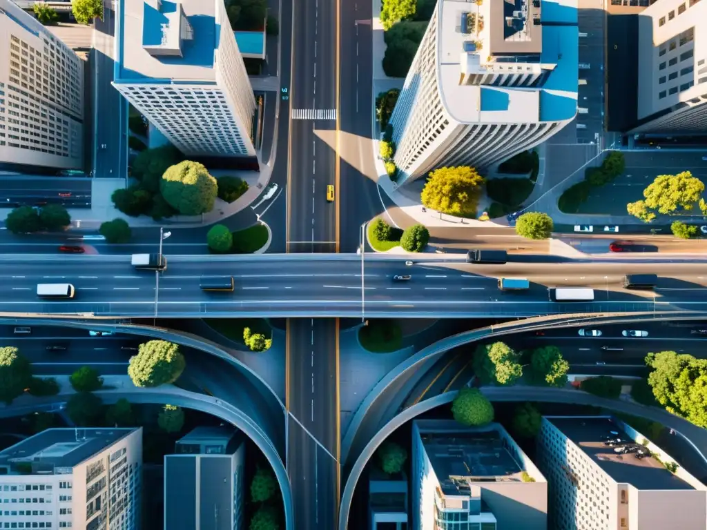 Vista aérea de una intersección urbana bulliciosa, con modernos rascacielos y tráfico