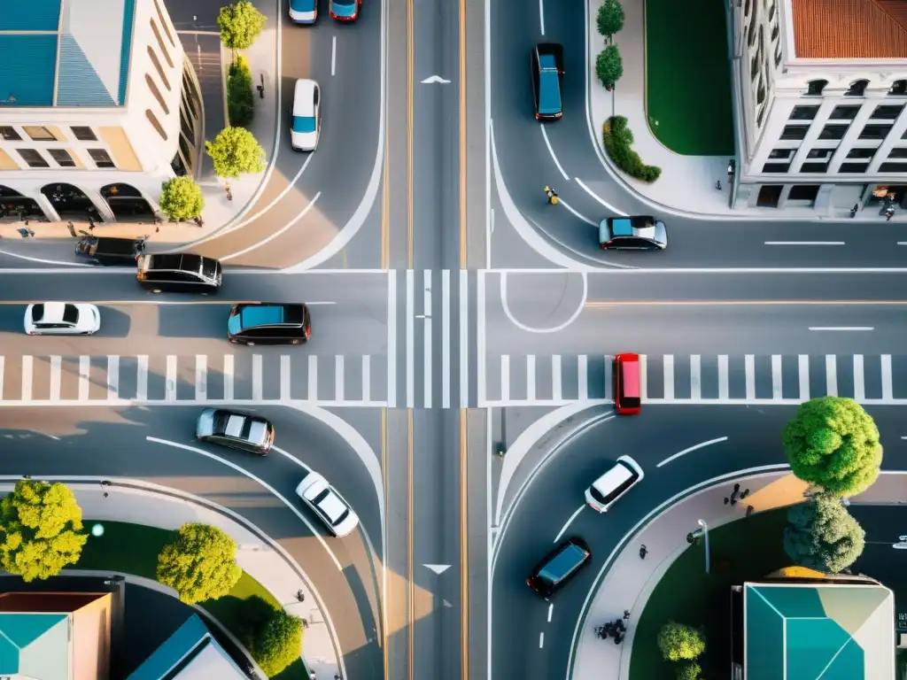 Vista aérea de una intersección urbana, con tráfico, peatones y múltiples modos de transporte