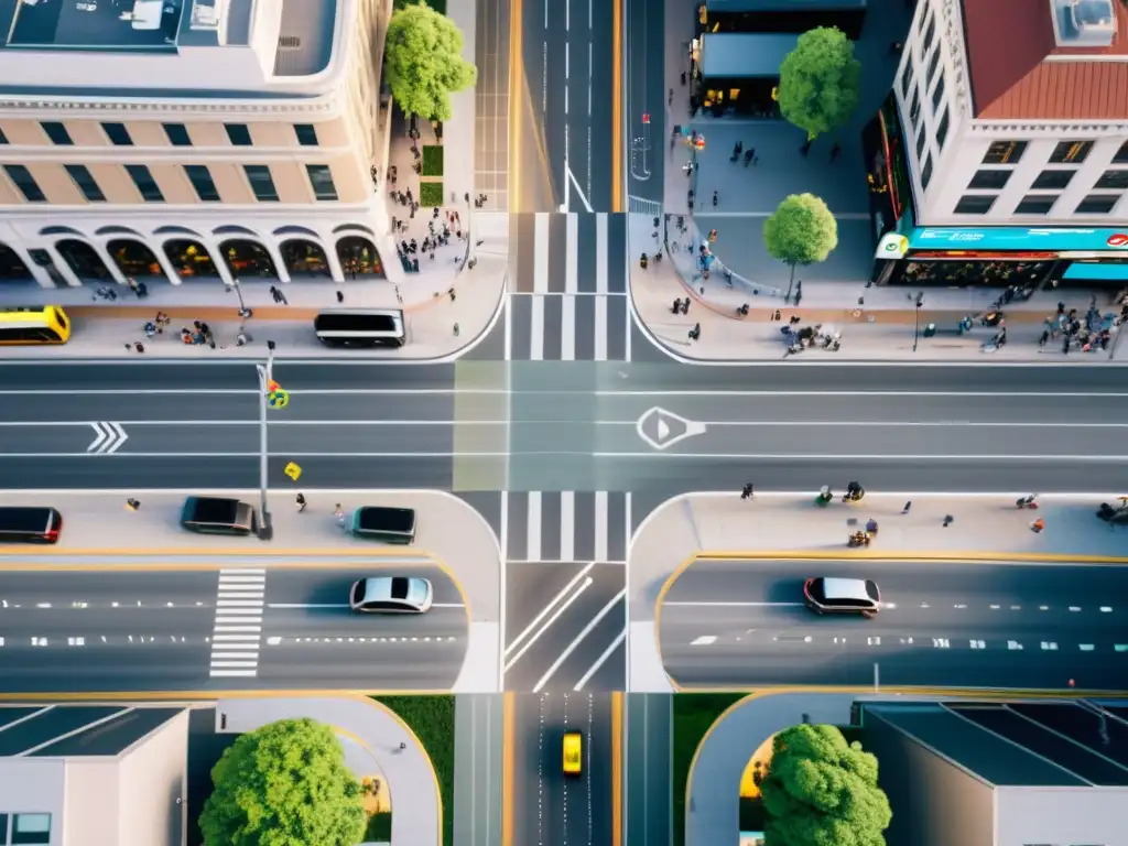 Vista aérea de una intersección urbana con integración de transporte público, apps de navegación y diversidad de usuarios