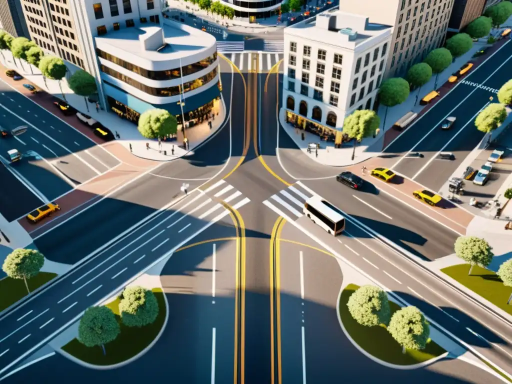 Vista aérea de una intersección urbana con tráfico, peatones y edificios altos, ideal para la optimización de rutas en apps