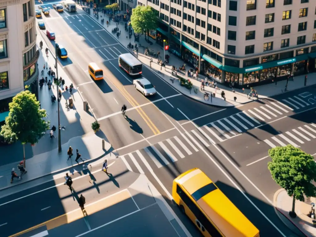 Vista aérea de una intersección urbana bulliciosa con vehículos y peatones, captando la energía de la ciudad