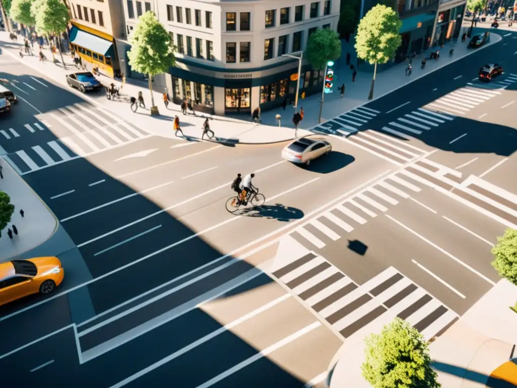 Vista aérea de una intersección urbana con tráfico variado