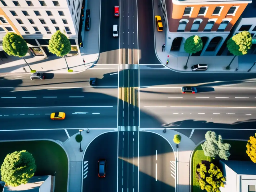 Intersección urbana en 8k: red de semáforos y tráfico dinámico Vista aérea de una intersección urbana con tráfico intenso y semáforos