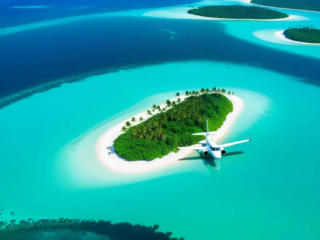 Vista aérea de isla paradisíaca rodeada de aguas turquesa, con hidroavión aterrizando