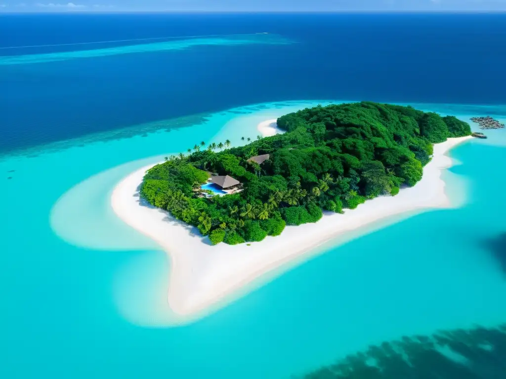 Vista aérea de isla privada con aguas turquesas, playas blancas, villas lujosas y bungalows