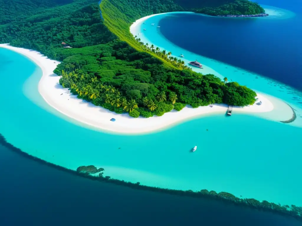 Vista aérea de isla privada de lujo, aguas cristalinas, playas blancas, villas entre árboles