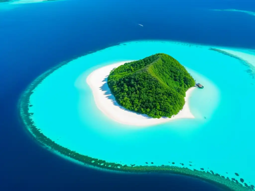 Vista aérea de una isla remota con aguas turquesa cristalinas, playas de arena blanca y exuberante vegetación